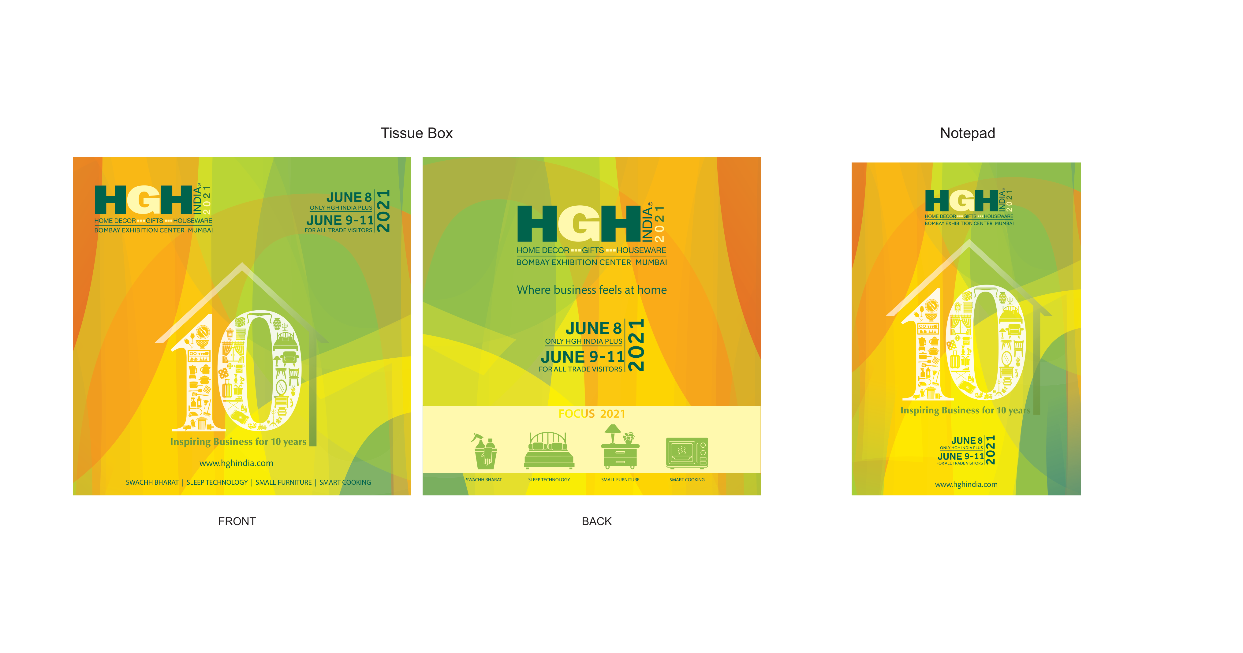HGH India tissue box and notepad collateral design