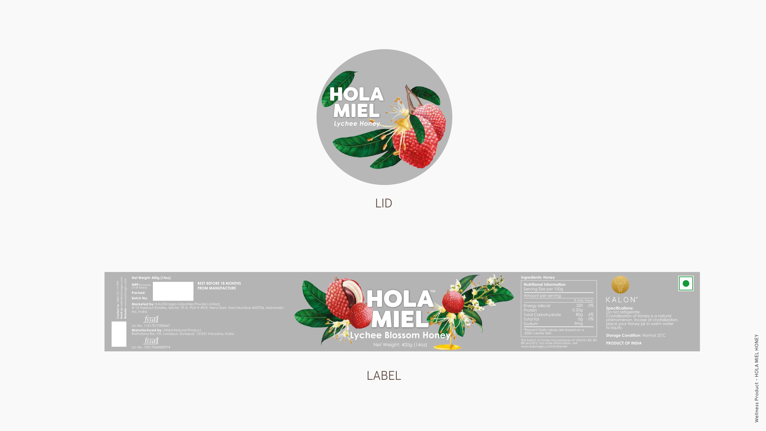 Hola Miel Lychee Honey packaging, lid and label design