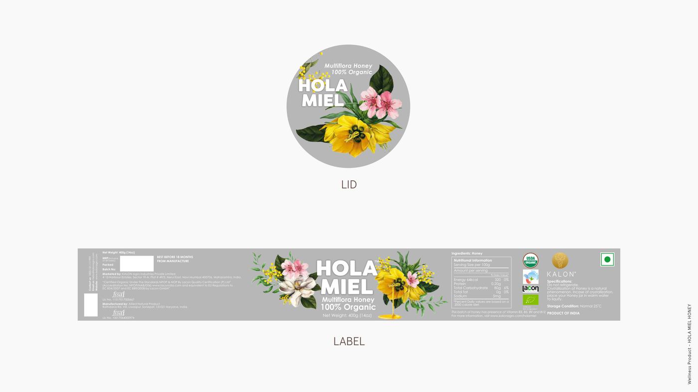 Hola Miel Multiflora Honey packaging, lid and label design