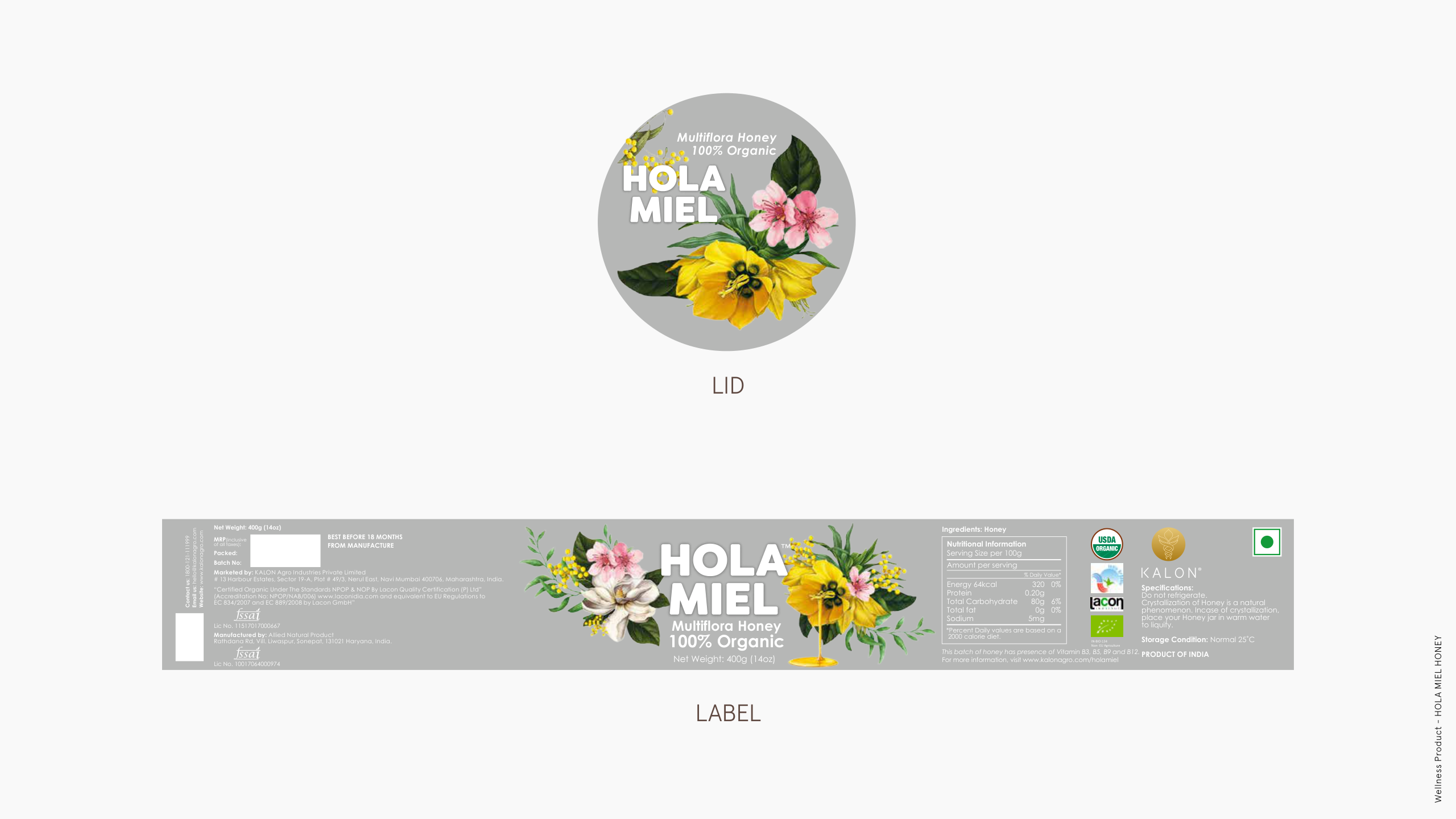 Hola Miel Multiflora Honey packaging, lid and label design