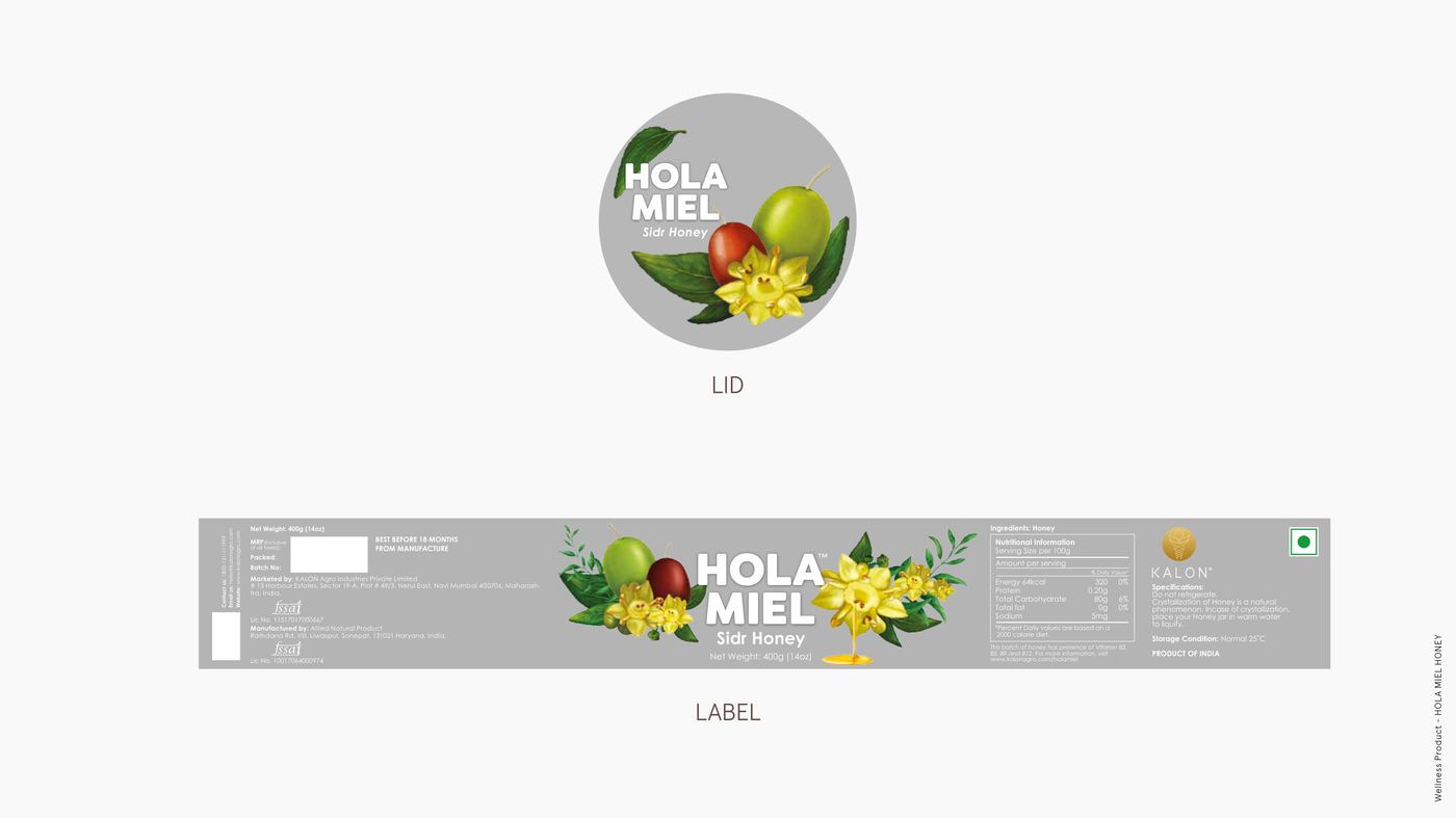 Hola Miel Sidr Honey packaging, lid and label design